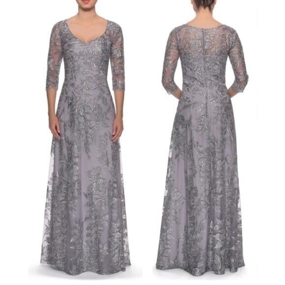 La Femme Silver Embroidered Mesh A-Line Formal Gown Size 6 Nwt Mother Of Bride